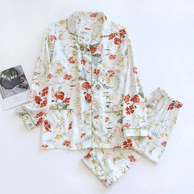 Dviejų dalių komplektas Moteriški namų rūbai pavasariui ir rudeniui ilgomis rankovėmis viskozinės medvilnės kelnių kostiumai Moteriški miegui Pižamos rinkinys