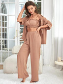 Pusiau rankovių moteriškas pižamų rinkinys, 3 dalių raukšlinė liemenėlė ir viso ilgio kelnės su sagomis, 3 dalys miegui Tvirti naktiniai drabužiai