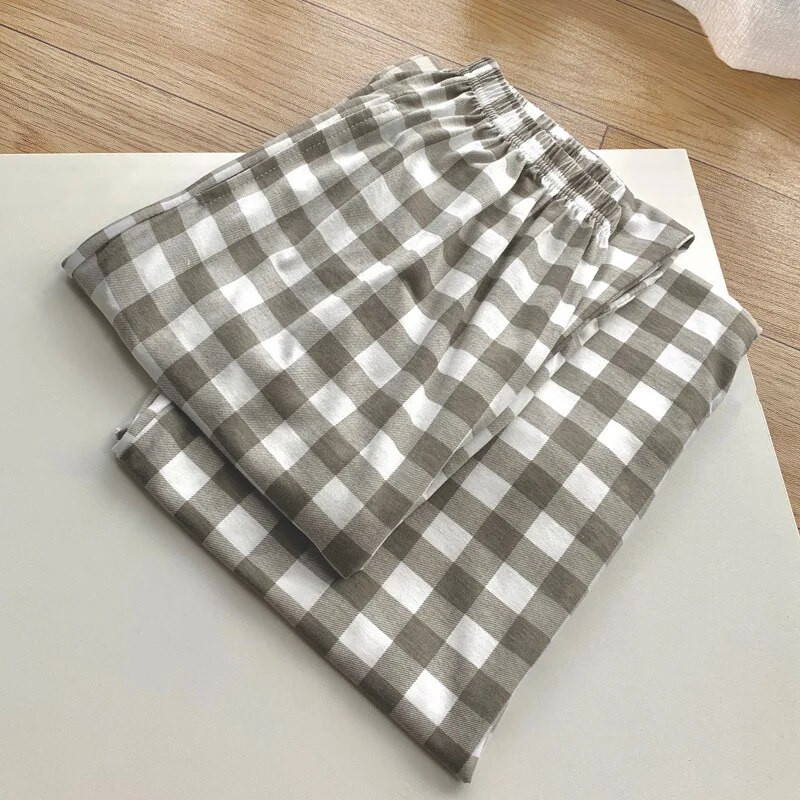 Ljeto Proljeće Pletene pamučne muške karirane hlače za spavanje Široke mekane duge hlače Domaća odjeća Prozračne muške dnevne donjice za spavanje