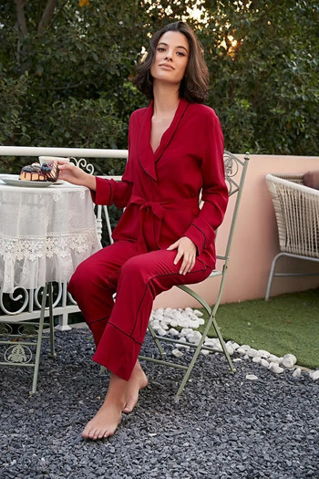 Червен едноцветен дамски пижамен комплект с дълги панталони и халат с колан за талията Спално облекло Дамско ежедневно нощно облекло Домашно облекло Костюм