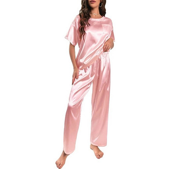 Дамски сатенени пижами Копринен пижама с къс ръкав Мека риза Топ и панталони Спално облекло