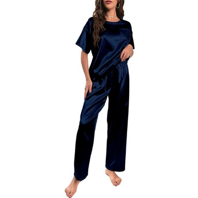 Naiste satiinid pidžaamad siidist lühikeste varrukatega Pj komplekt, pehme särgi topp ja püksid magamisriided