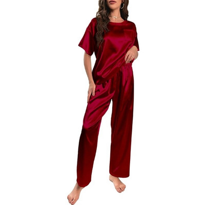 Naiste satiinid pidžaamad siidist lühikeste varrukatega Pj komplekt, pehme särgi topp ja püksid magamisriided