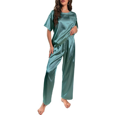 Naiste satiinid pidžaamad siidist lühikeste varrukatega Pj komplekt, pehme särgi topp ja püksid magamisriided