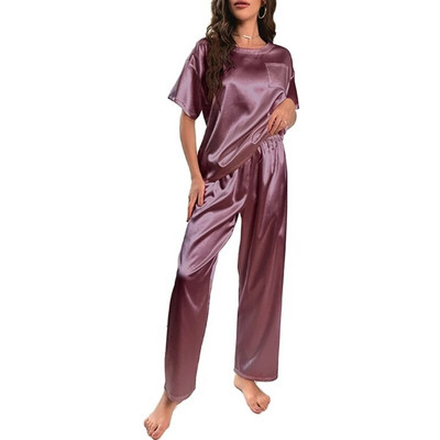 Naiste satiinid pidžaamad siidist lühikeste varrukatega Pj komplekt, pehme särgi topp ja püksid magamisriided