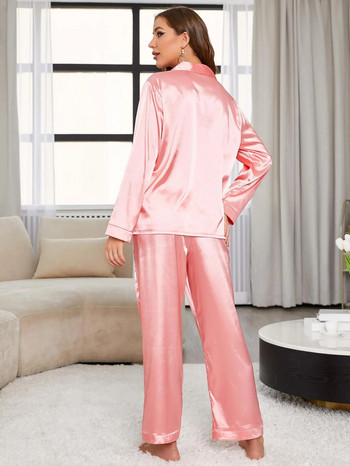Дамски пижамен комплект от копринен сатен, горнище с предни копчета и широки крачоли, спално облекло от 2 части, женско нощно облекло, домашно облекло