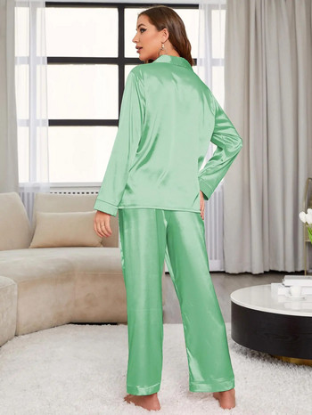 Дамски пижамен комплект от копринен сатен, горнище с предни копчета и широки крачоли, спално облекло от 2 части, женско нощно облекло, домашно облекло
