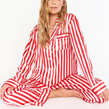 Imcute Дамска коледна пижама от две части Сатенена копринена риза с копчета с дълъг ръкав и широки дълги панталони, спално облекло