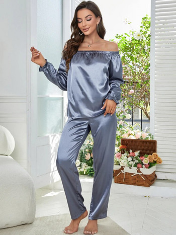 Дамски комплект пижами с наклонено деколте, копринен сатен, луксозен стил, дамско спално облекло с дълги ръкави, копринено докосване, домашни дрехи, нощно облекло, костюм 2 бр.