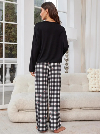 Дамски пижамен комплект с дълги ръкави, горнище с предни копчета и панталони със сърца, есенно-зимно дамско спално облекло от 2 части, домашно облекло