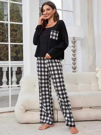 Дамски пижамен комплект с дълги ръкави, горнище с предни копчета и панталони със сърца, есенно-зимно дамско спално облекло от 2 части, домашно облекло