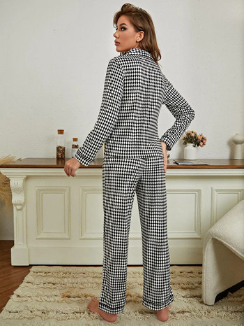 Кариран дамски пижамен комплект с предно копче и яка с назъбени горнища и дълги панталони Спално облекло от 2 части Дамско ежедневно домашно облекло Плат