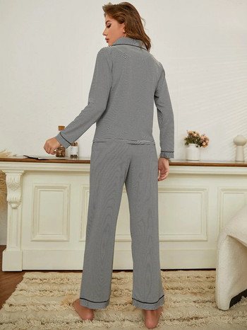 Кариран дамски пижамен комплект с предно копче и яка с назъбени горнища и дълги панталони Спално облекло от 2 части Дамско ежедневно домашно облекло Плат