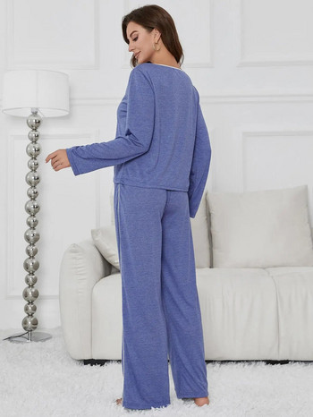 Дамски комплекти пижами Едноцветно горнище с дълги ръкави и панталони с пълна дължина Спално облекло 2 части Дамско нощно облекло с деколте Homwear Облекло