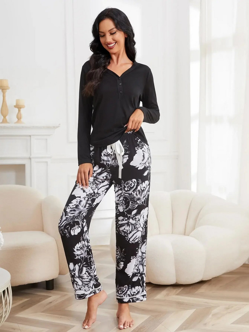 Esinööbiga naiste pidžaamakomplekt V kaelusega pikkade varrukatega topp ja lilledega püksid magamisriided, 2 tükki, sügisene naiste ööriided, riided