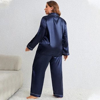 Дамски комплекти пижами от копринен сатен с голям размер, едноцветно горнище с дълги ръкави и панталони с пълна дължина, спално облекло от 2 части, копчета, нощно облекло с джоб