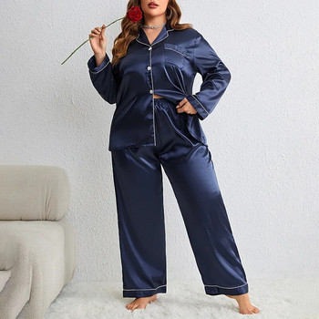 Дамски комплекти пижами от копринен сатен с голям размер, едноцветно горнище с дълги ръкави и панталони с пълна дължина, спално облекло от 2 части, копчета, нощно облекло с джоб