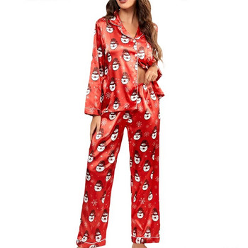 Xingqing Комплект пижами с коледни петна Дамски комплект с анимационни шарки с яка с ревери Едноредна риза с дълги ръкави и панталони Спално облекло