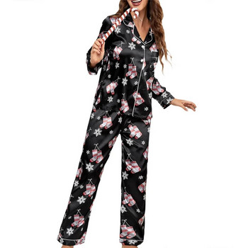 Xingqing Комплект пижами с коледни петна Дамски комплект с анимационни шарки с яка с ревери Едноредна риза с дълги ръкави и панталони Спално облекло