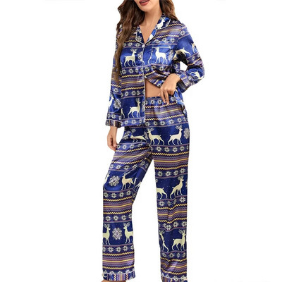 Xingqing Kalėdų dėmių pižamos rinkinys Moteriški animacinių filmų rašto atvartai apykakle, vienpusiai marškiniai ilgomis rankovėmis ir kelnės miegui