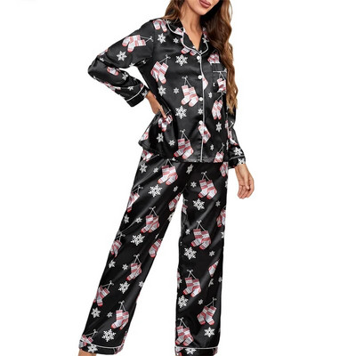 Xingqing Kalėdų dėmių pižamos rinkinys Moteriški animacinių filmų rašto atvartai apykakle, vienpusiai marškiniai ilgomis rankovėmis ir kelnės miegui