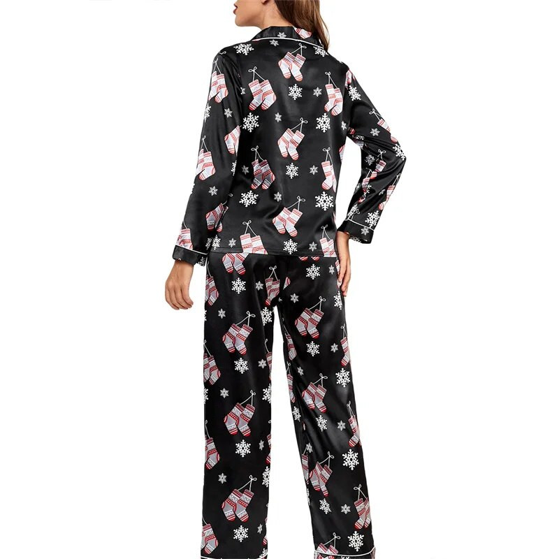 Xingqing Kalėdų dėmių pižamos rinkinys Moteriški animacinių filmų rašto atvartai apykakle, vienpusiai marškiniai ilgomis rankovėmis ir kelnės miegui