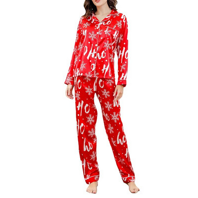 Božićne salonke Ženska satenska spavaćica slatkog uzorka Jednoredna košulja s dugim rukavima i hlače s elastičnim pojasom za spavanje