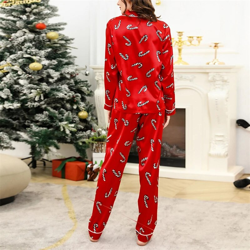 Božićne salonke Ženska satenska spavaćica slatkog uzorka Jednoredna košulja s dugim rukavima i hlače s elastičnim pojasom za spavanje
