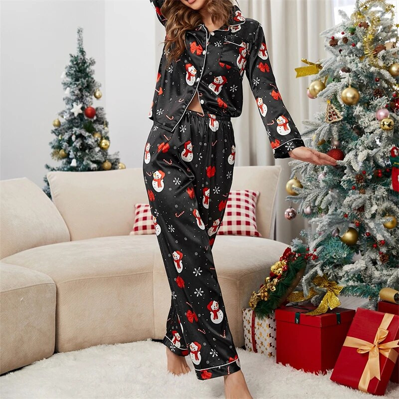 Božićne salonke Ženska satenska spavaćica slatkog uzorka Jednoredna košulja s dugim rukavima i hlače s elastičnim pojasom za spavanje