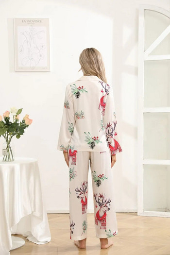 Коледни нови дамски пижами с принт на елени, комплект от 2 бр. с дълъг ръкав и панталон, копринена текстура и удобни, носят ви по-добро усещане