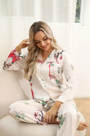 Коледни нови дамски пижами с принт на елени, комплект от 2 бр. с дълъг ръкав и панталон, копринена текстура и удобни, носят ви по-добро усещане