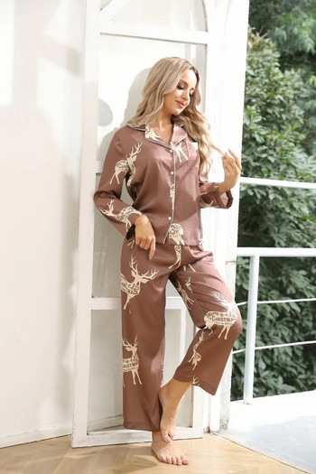 Нов коледен комплект дамски пижами с щампи на елени, комплект от 2 бр. с дълги ръкави и панталони, удобни и красиви коледни спални дрехи