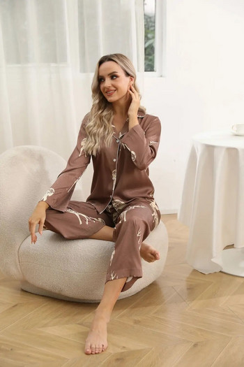 Нов коледен комплект дамски пижами с щампи на елени, комплект от 2 бр. с дълги ръкави и панталони, удобни и красиви коледни спални дрехи