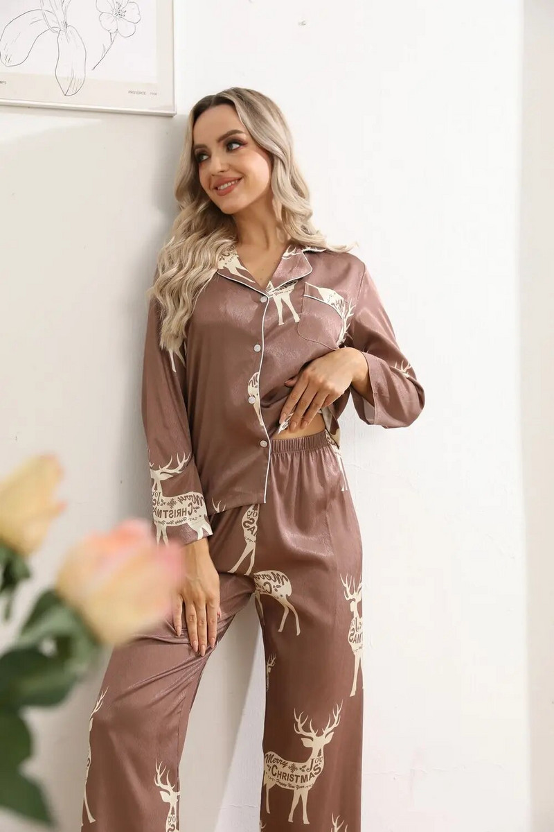 Nova božićna ženska pidžama s printom sobova, komplet od 2 komada dugih rukava i hlača, udobna i lijepa božićna spavaćica