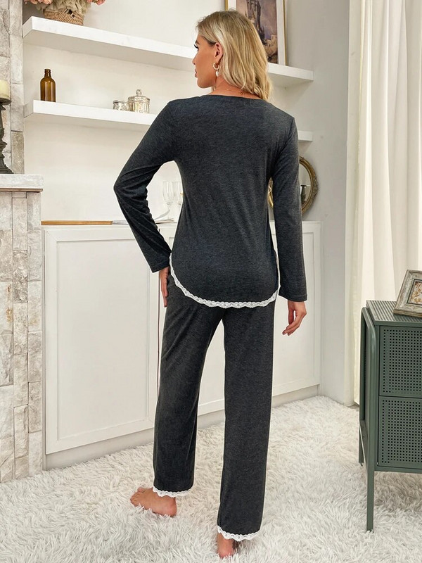 Ženski komplet pidžama Pamuk Siva Odjeća za spavanje Dugi rukavi Duge hlače Jesen Zima Salonke Modna kućna odjeća Odjeća za spavanje 2 komada