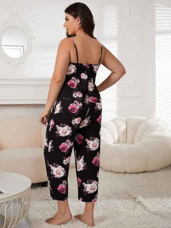Дамски комплект пижами с V-образно деколте плюс размер без ръкави Горнище с флорални мотиви и еластична талия Капри панталони Дамски спално облекло от 2 части