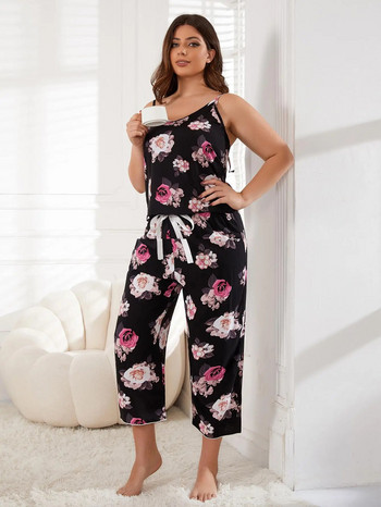 Дамски комплект пижами с V-образно деколте плюс размер без ръкави Горнище с флорални мотиви и еластична талия Капри панталони Дамски спално облекло от 2 части