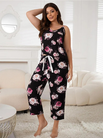 Γυναικείο σετ πυτζάμες σε μέγεθος V λαιμόκοψη Αμάνικο φλοράλ τοπ & ελαστική μέση Παντελόνι κάπρι Γυναικείο 2 τεμάχια Πυζά νυχτικά