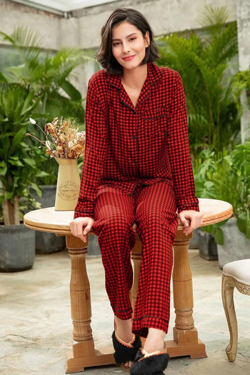 Дамски комплекти пижами Памучна риза с дълъг ръкав Долнище с цяла дължина 2 бр. Спално облекло Червено карирано домашно облекло за свободното време Женски костюм и панталон