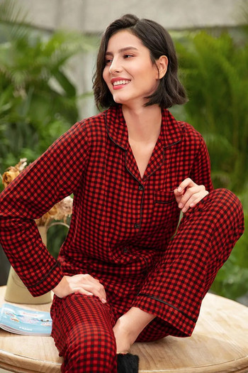Дамски комплекти пижами Памучна риза с дълъг ръкав Долнище с цяла дължина 2 бр. Спално облекло Червено карирано домашно облекло за свободното време Женски костюм и панталон