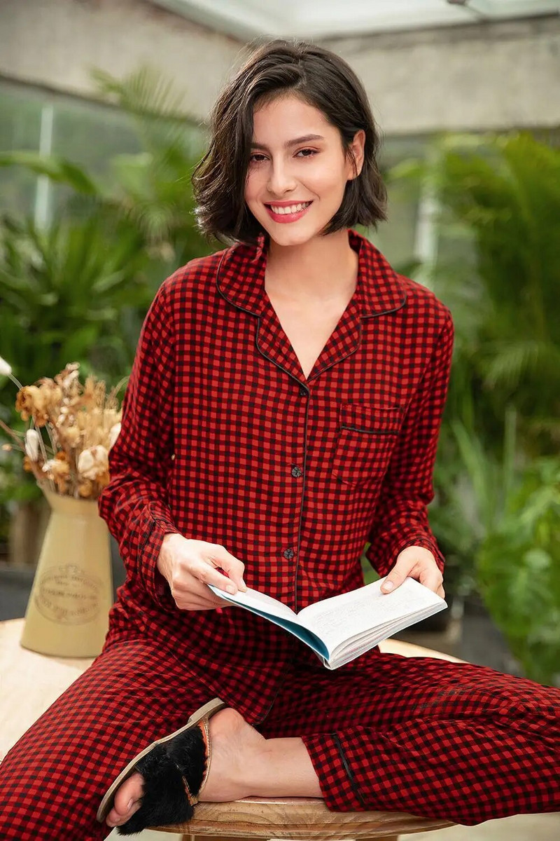 Ženski kompleti pidžama Pamučna košulja dugih rukava Dugi donji dio 2 KOM. Odjeća za spavanje Crvena karirana kućna odjeća za slobodno vrijeme Žensko odijelo i hlače