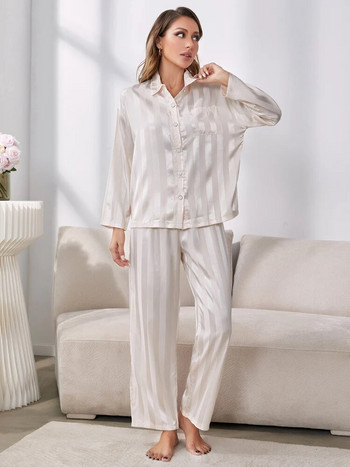 Пижамен комплект Дамски раирани копринени сатенени пижами с дълги ръкави Спално облекло 2 части Дамско бельо Бельо Домашно облекло Нощно облекло