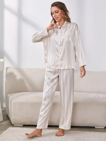 Пижамен комплект Дамски раирани копринени сатенени пижами с дълги ръкави Спално облекло 2 части Дамско бельо Бельо Домашно облекло Нощно облекло