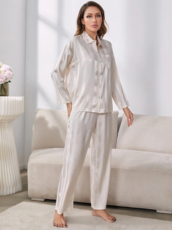 Komplet pidžama Ženske prugaste svilenkaste satenske pidžame Dugi rukavi Odjeća za spavanje 2 komada Ženska salonka Donje rublje Kućna odjeća Noćna odjeća