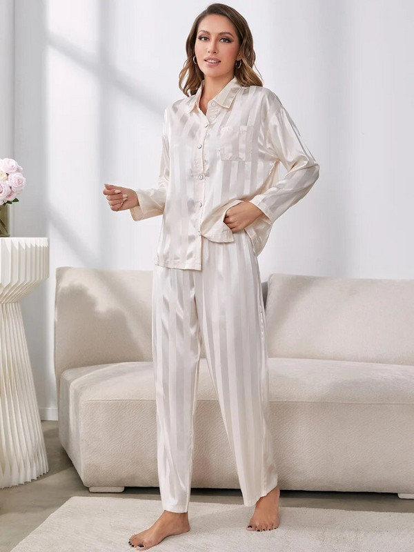 Komplet pidžama Ženske prugaste svilenkaste satenske pidžame Dugi rukavi Odjeća za spavanje 2 komada Ženska salonka Donje rublje Kućna odjeća Noćna odjeća
