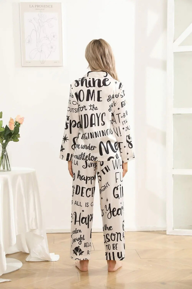 Nauji kalėdiniai moteriški miegui 2 vnt. rinkinys, smėlio spalvos monograminis ilgomis rankovėmis ir kelnių pižamų rinkinys, šilko tekstūros aukštos kokybės medžiaga