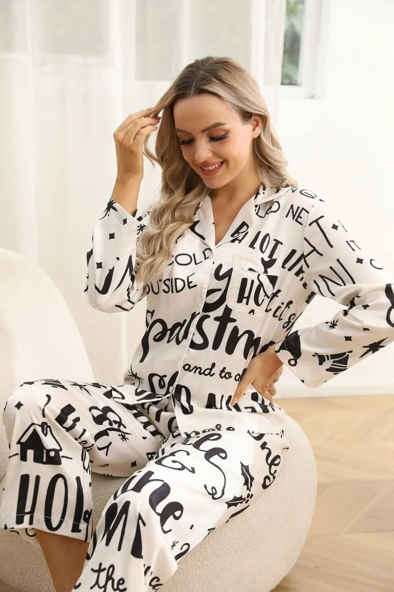 Nauji kalėdiniai moteriški miegui 2 vnt. rinkinys, smėlio spalvos monograminis ilgomis rankovėmis ir kelnių pižamų rinkinys, šilko tekstūros aukštos kokybės medžiaga