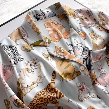 Φθινοπωρινές νέες μαλακές πιτζάμες Ice Silk για γυναίκες Σετ ζακέτα με πέτο με κουμπί για γυναίκες 2 τεμάχια Cute Cat printing πιτζάμες για κορίτσια