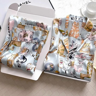 Rudens nauja Ice Silk Minkšta pižama moterims Moteriški kardiganų rinkiniai su atvartais 2 dalių mielos katės marginimo pižamos mergaitėms