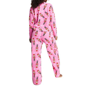 Xingqing Лешникотрошачка Коледни пижами y2k Дамски ежедневни облекла с принт с кръгло деколте Тениска с дълъг ръкав Горнища и панталони Розово спално облекло
